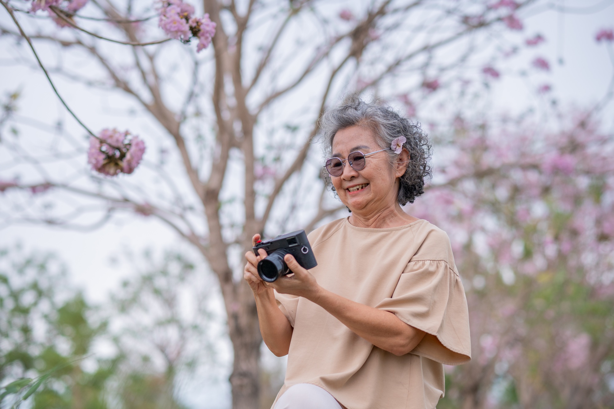 Portrait elderly woman holding a camera photographs