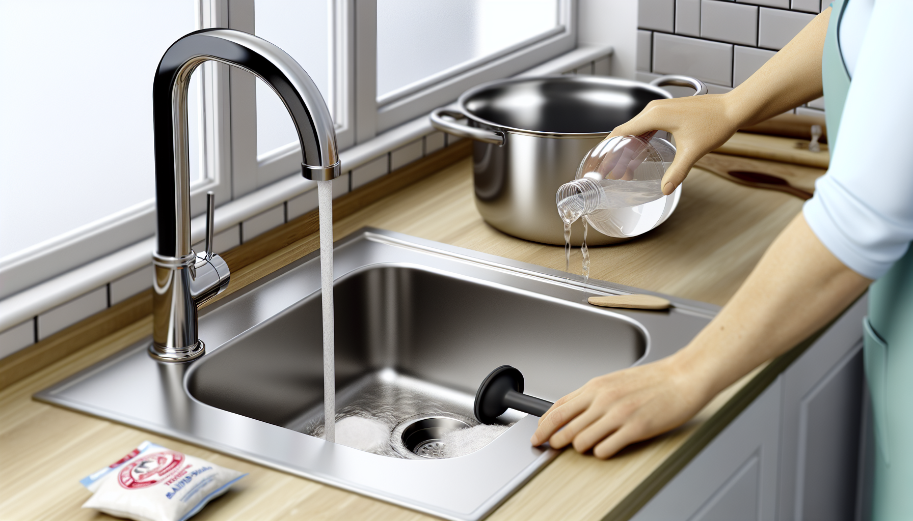 Person rinsing a utensil in a stainless steel kitchen sink with water running from a tall curved faucet near a pot on the counter.